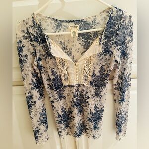 Denim and Supply Ralph Lauren Large Batik Sheer Blue Floral Lace Henley Top